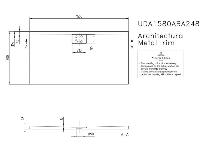Villeroy&Boch Architectura Metalrim brodzik prostokątny 150x80 biały weiss alpin UDA 1580 ARA 248GV-01