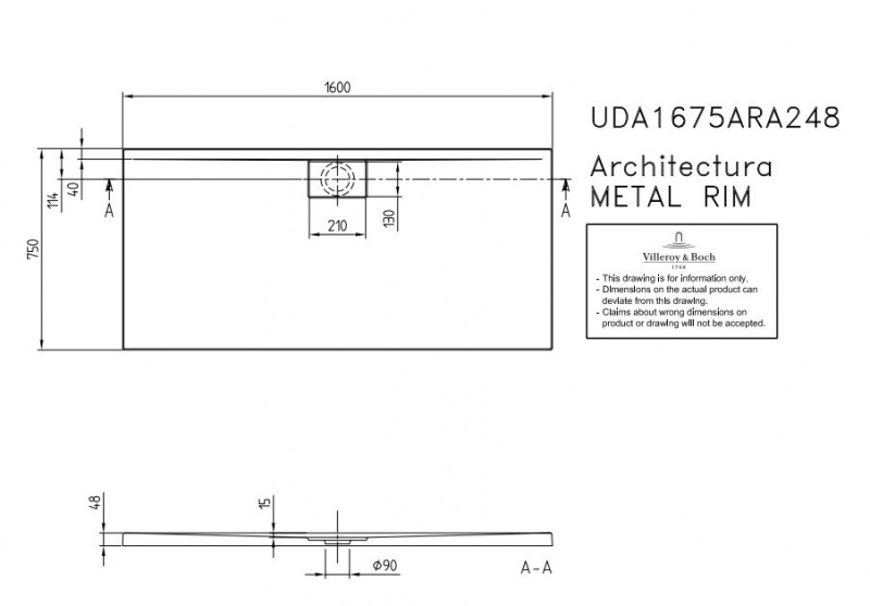Villeroy&Boch Architectura Metalrim brodzik prostokątny 160x75 biały weiss alpin UDA 1675 ARA 248GV-01