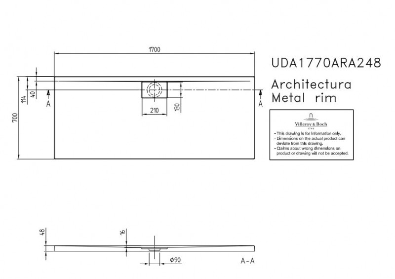 Villeroy&Boch Architectura Metalrim brodzik prostokątny 170x70 biały weiss alpin UDA 1770 ARA 248V-01