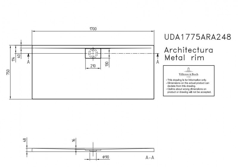 Villeroy&Boch Architectura Metalrim brodzik prostokątny 170x75 biały weiss alpin UDA 1775 ARA 248GV-01