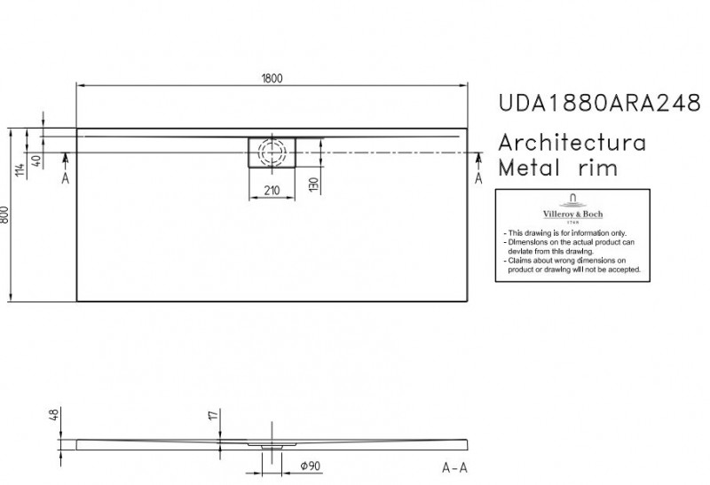 Villeroy&Boch Architectura Metalrim brodzik prostokątny 180x80 biały weiss alpin UDA 1880 ARA 248V-01