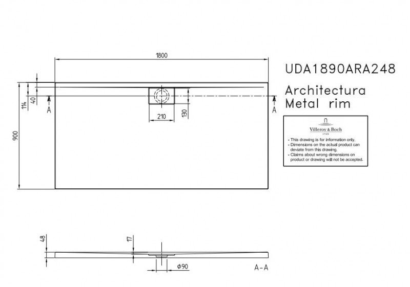 Villeroy&Boch Architectura Metalrim brodzik prostokątny 180x90 biały weiss alpin UDA 1890 ARA 248GV-01