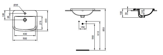 Ideal Standard Tempo umywalka wpuszczana w blat 50x43 cm z otworem T059201