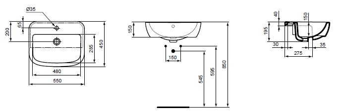 Ideal Standard Tempo umywalka półblatowa 55x45 cm z otworem T059001