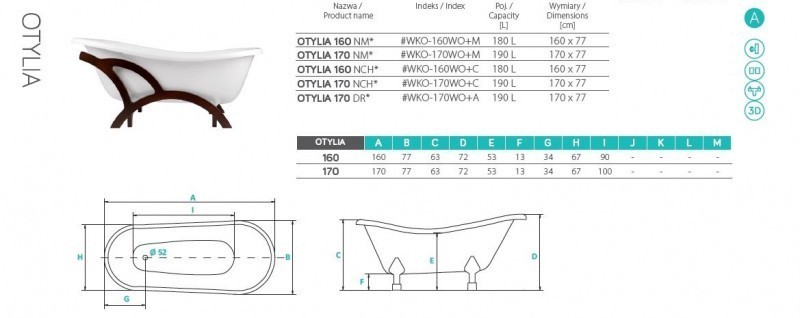 BESCO Otylia wanna wolnostojąca 170x77 biały + nogi białe WKO-170WO+B