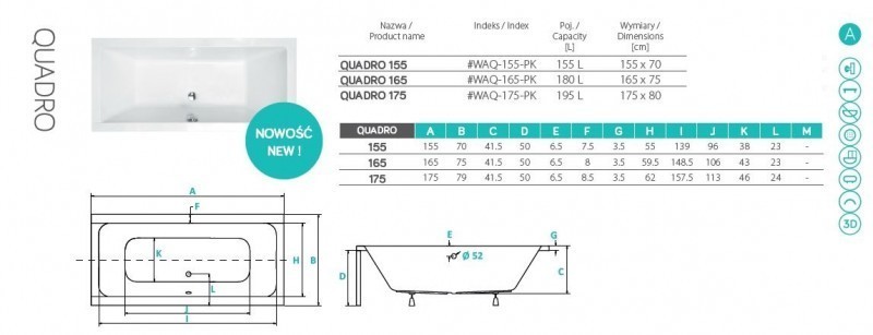 BESCO Quadro wanna prostokątna 180x80 biały WAQ-180-PK