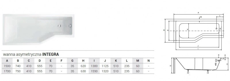 BESCO Integra wanna asymetryczna lewa 150x75 biały INTEGRA 150L