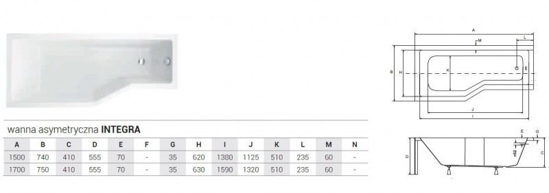 BESCO Integra wanna asymetryczna lewa 170x75 biały INTEGRA 170L