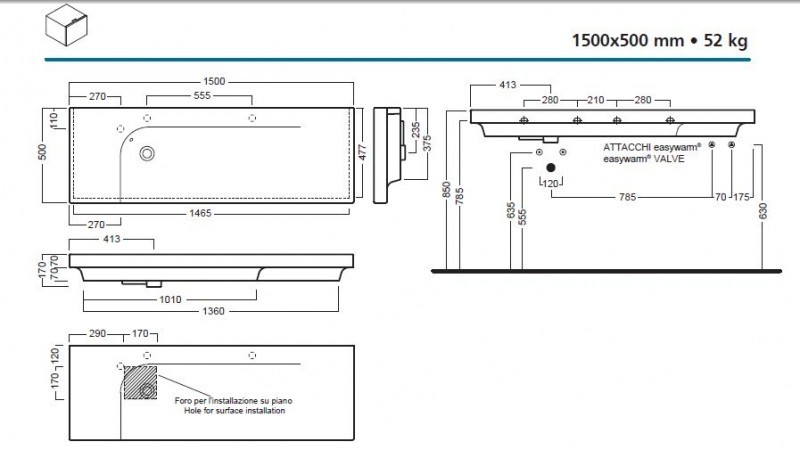 Hatria Grandangolo G-150 umywalka ceramiczna 150cm z 1 otworem YXF3