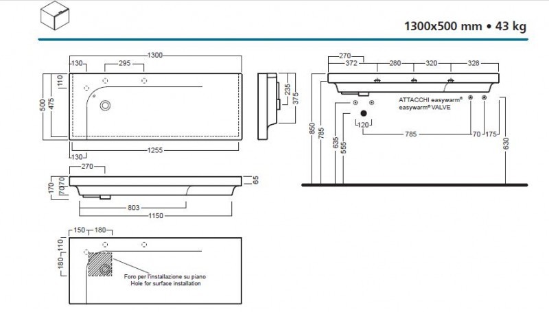 Hatria Grandangolo G-130 umywalka ceramiczna 130cm z 1 otworem YXF4