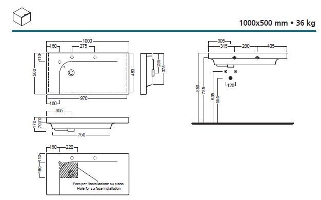 Hatria Grandangolo G-100 umywalka ceramiczna 100cm z 1 otworem YXF7