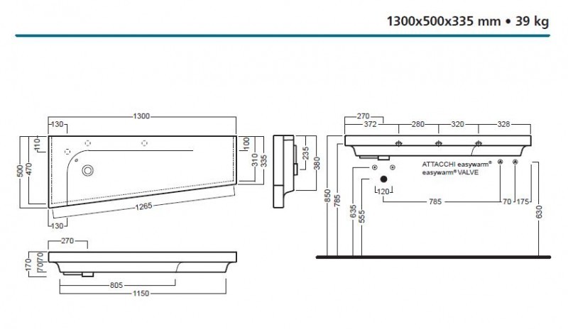 Hatria Grandangolo G-130T umywalka trapezowa ceramiczna prawa 130cm z 1 otworem YXF5