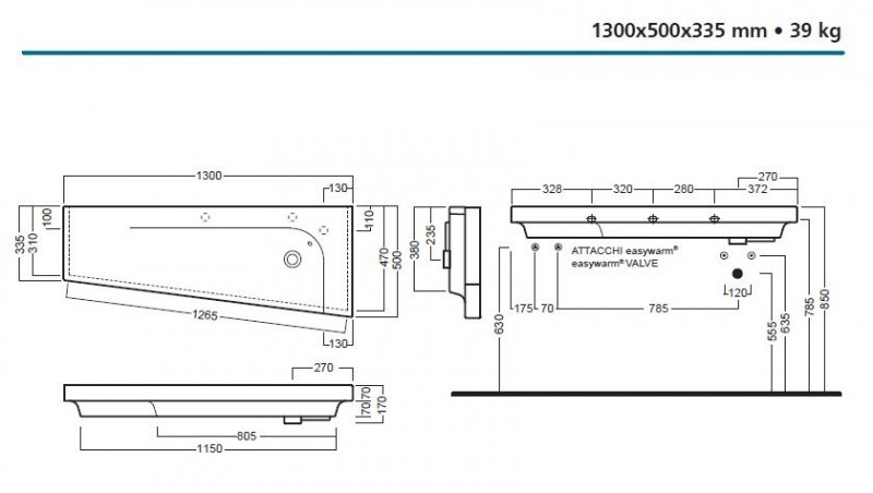 Hatria Grandangolo G-130T umywalka trapezowa ceramiczna lewa 130cm z 1 otworem YXF6