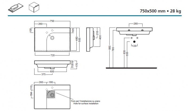 Hatria Grandangolo G-75 umywalka ceramiczna prawa z 1 otworem 75 cm YXF8
