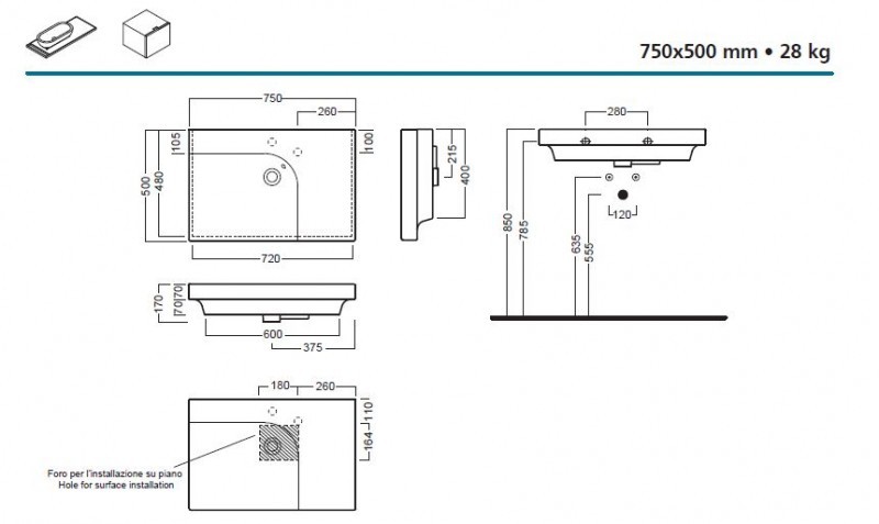 Hatria Grandangolo G-75 umywalka ceramiczna lewa 75cm z 1 otworem YXF9