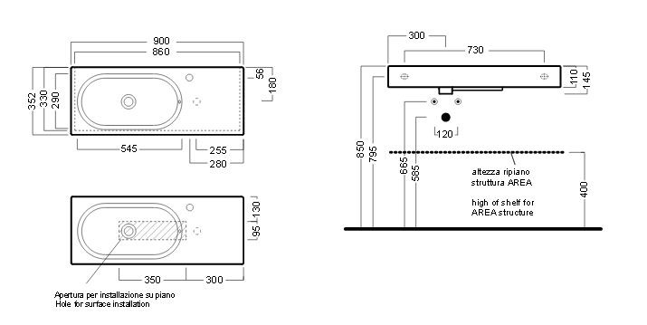 Hatria Area 90 umywalka asymetryczna z blatem ceramicznym 90x35 biały Y0UE