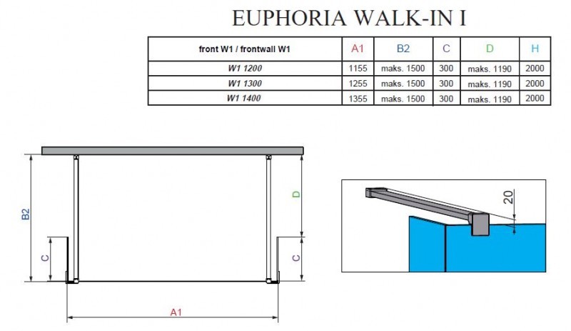 Radaway Euphoria Walk-in I kabina 30x130x30 chrom przeźroczyste Easy Clean 383145-01-01 + 383160-01-01x2