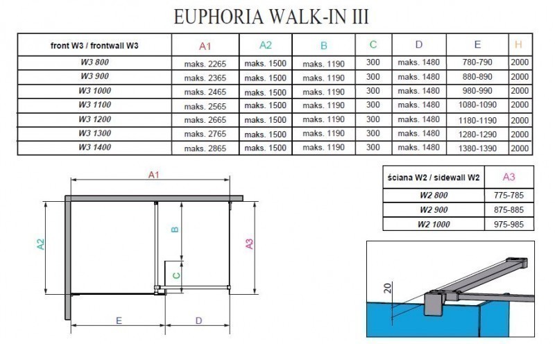 Radaway Euphoria Walk-in III kabina 140x30 + 100 chrom przeźroczyste Easy Clean 383136-01-01 + 383160-01-01 + 383122-01-01