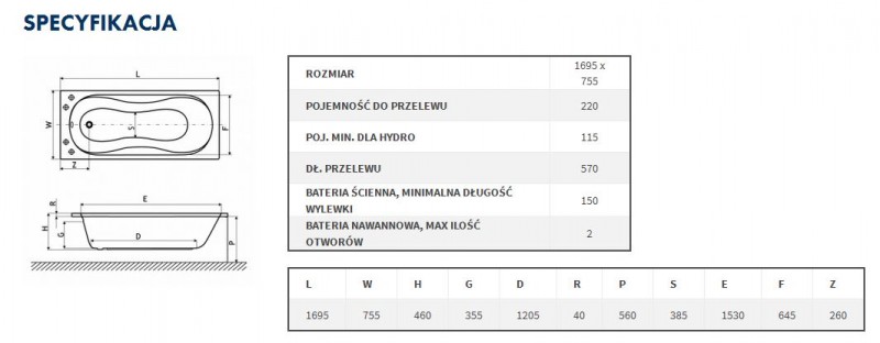 Excellent Clesis Lux wanna prostokątna 170x75 z nogami WAEX.CLE17WHC