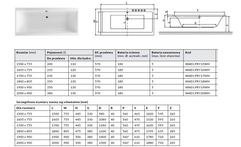 Excellent Pryzmat wanna prostokątna 200x90 z nogami WAEX.PRY20WH