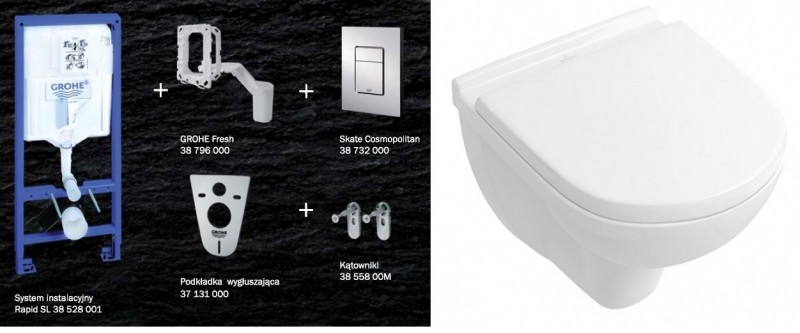 Grohe + Villeroy&Boch O.novo Compact 49cm - Zestaw 7w1 - kompletny stelaż + muszla + deska wolnoopadająca