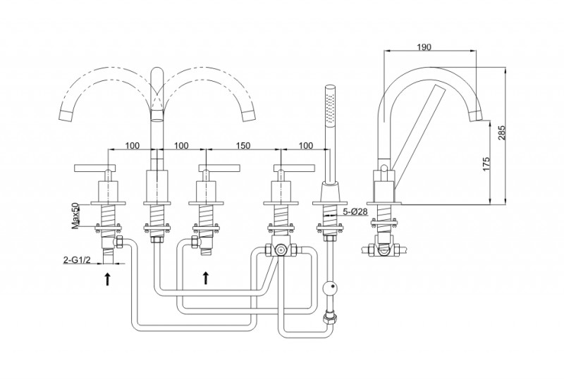 Kohlman Roxin bateria wannowa 5-otworowa chrom QB242R