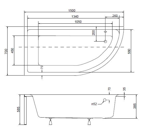 BESCO Praktika wanna asymetryczna lewa 150x70 biały WAP-150-NL
