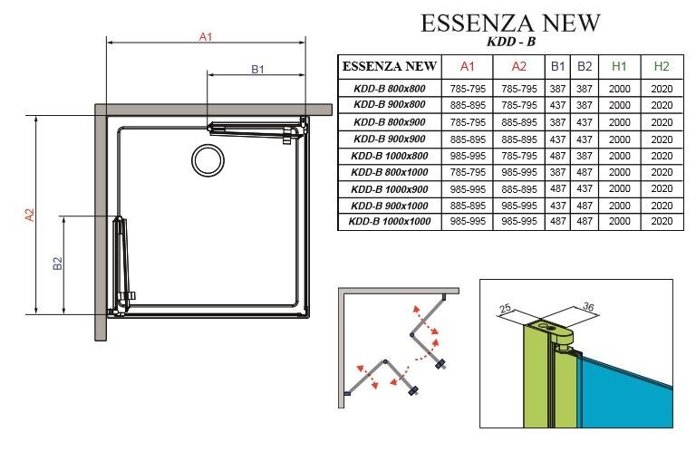 Radaway Essenza New KDD-B kabina kwadratowa 90x90 drzwi składane chrom przeźroczyste Easy Clean 385071-01-01L + 385071-01-01R