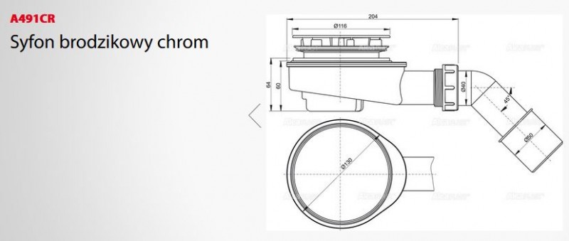 Alcaplast syfon brodzikowy niski 6cm 90mm chrom połysk A491CR