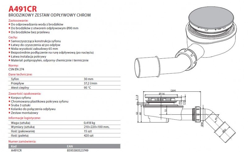 Alcaplast syfon brodzikowy niski 6cm 90mm chrom połysk A491CR