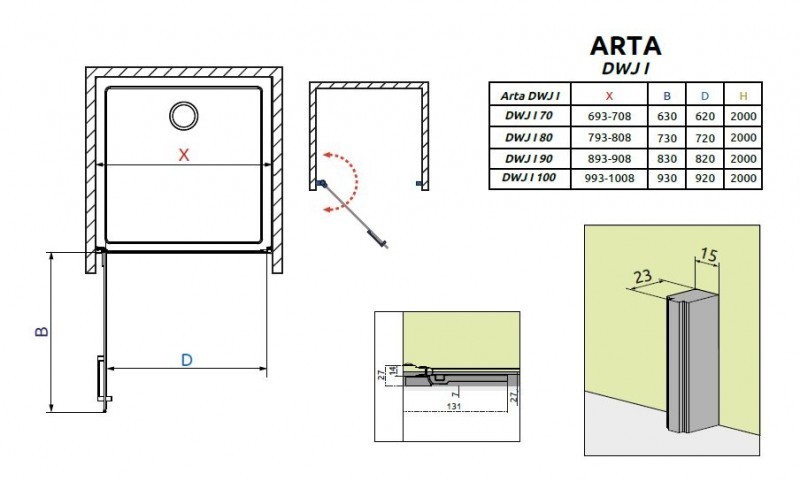 Radaway Arta DWJ I drzwi wnękowe wahadłowe 100cm lewe chrom przeźroczyste Easy Clean 386073-03-01L