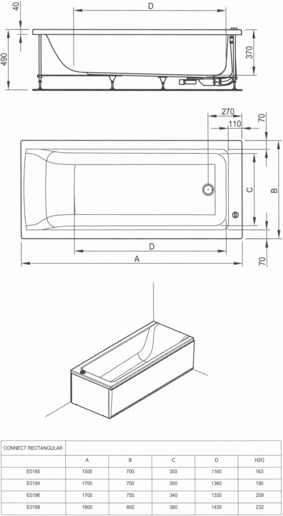 Ideal Standard Connect wanna prostokątna 150x70 z nogami i syfonem biały E019501