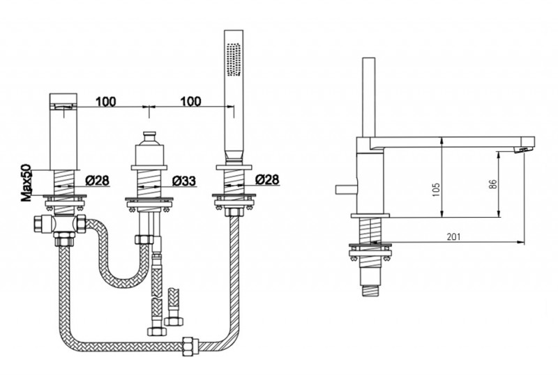 Kohlman Boxine bateria wannowa 3-otworowa z obrotową wylewką chrom QB241B
