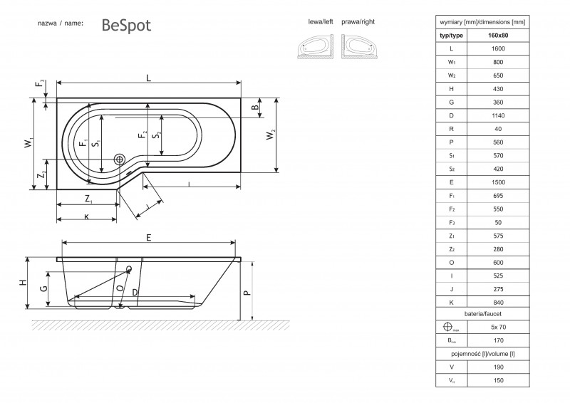 Excellent Be Spot wanna akrylowa narożna biała 160x80 lewa WAEX.BSL16WH
