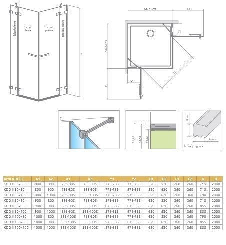 Radaway Arta KDD II kabina prostokątna 90Lx80P drzwi wahadłowe chrom przeźroczyste Easy Clean