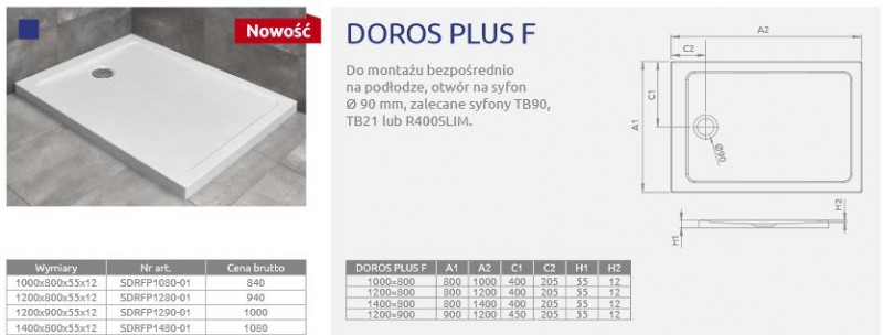 Radaway Doros Plus F brodzik prostokątny płaski z wypełnieniem 100x80 SDRFP1080-01