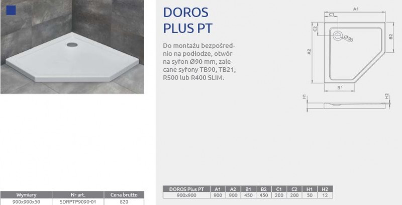 Radaway Doros Plus PT brodzik pentagonalny z wypełnieniem 90x90 SDRPTP9090-01