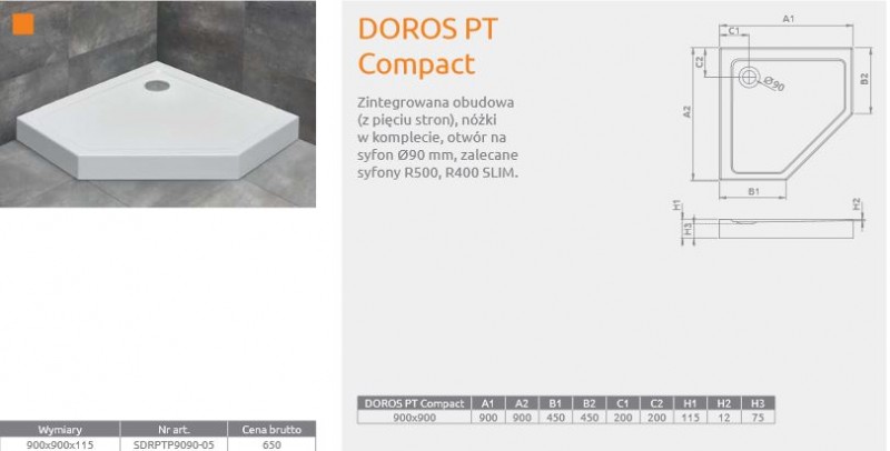 Radaway Doros PT Compact brodzik pentagonalny akrylowy 90x90 SDRPTP9090-05