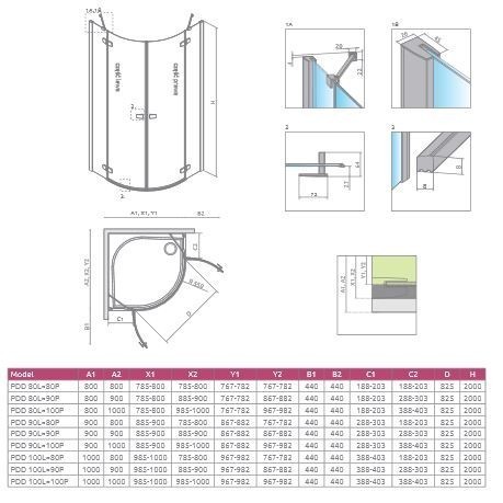 Radaway Fuenta New PDD kabina półokrągła asymetryczna 90Lx100P drzwi otwierane chrom przeźroczyste Easy Clean 384001-01-01L + 384003-01-01R