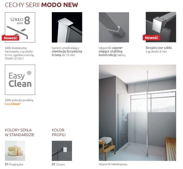 Radaway Modo New II kabina typu Walk-In 80 chrom przeźroczyste Easy Clean 389084-01-01