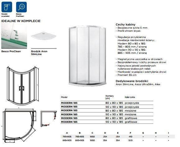 BESCO Modern 185 Kabina półokrągła 80x80 drzwi przesuwane mrożone