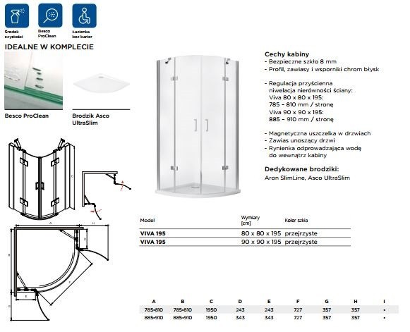 BESCO Viva 195 Kabina półokrągła 90x90 drzwi otwierane przeźroczysta