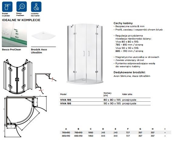 BESCO Viva 195 Kabina półokrągła 80x80 drzwi otwierane przeźroczysta