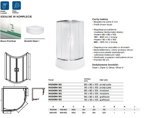 BESCO Modern 165 Kabina półokrągła 80x80 drzwi przesuwane mrożone