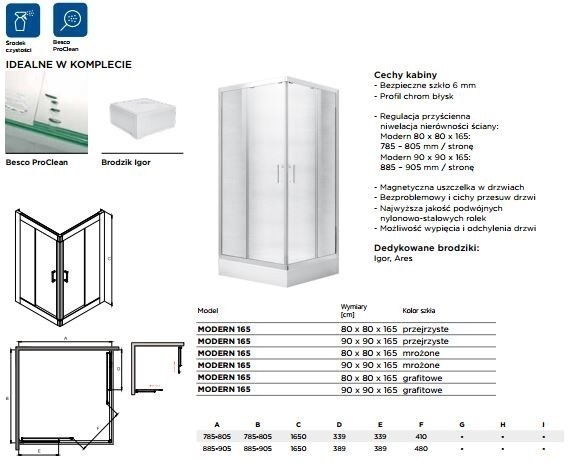 BESCO Modern 165 Kabina kwadratowa 90x90 drzwi przesuwane grafitowe