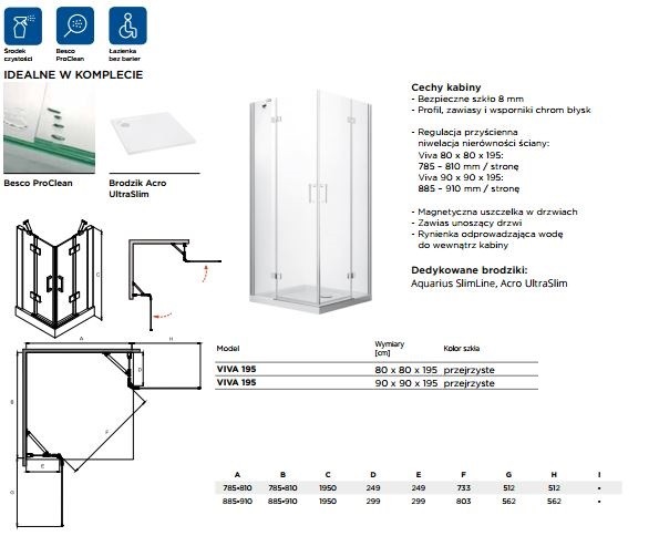 BESCO Viva 195 Kabina kwadratowa 80x80 drzwi otwierane przeźroczyste