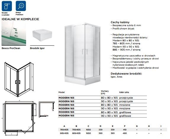 BESCO Modern 165 Kabina kwadratowa 80x80 drzwi przesuwane przeźroczyste