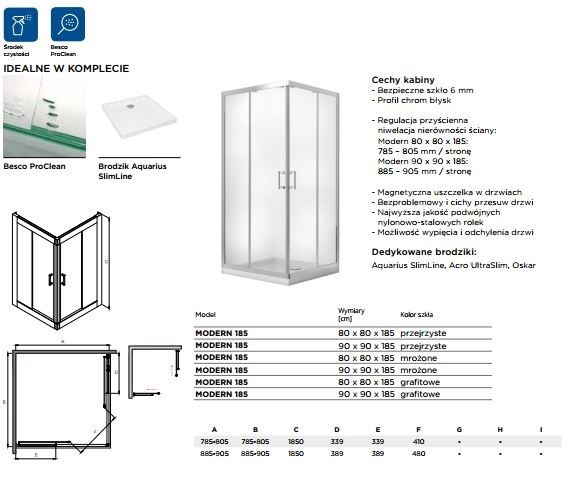 BESCO Modern 185 Kabina kwadratowa 80x80 drzwi przesuwane grafitowe