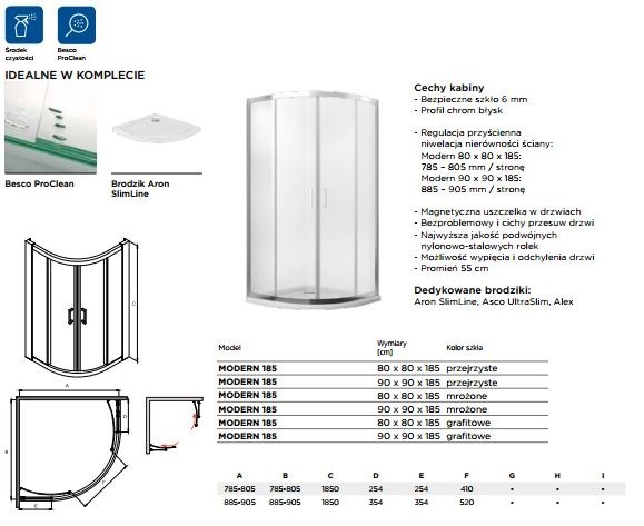 BESCO Modern 185 Kabina półokrągła 80x80 drzwi przesuwane przeźroczyste