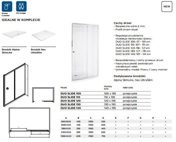 BESCO drzwi do wneki przesuwane 140 chrom przeźroczyste